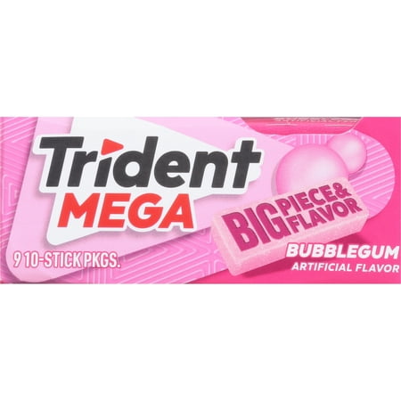 Trident Mega Bubblegum Sugar Free Gum, 9 Packs of 10 Pieces (90 Total Pieces)
