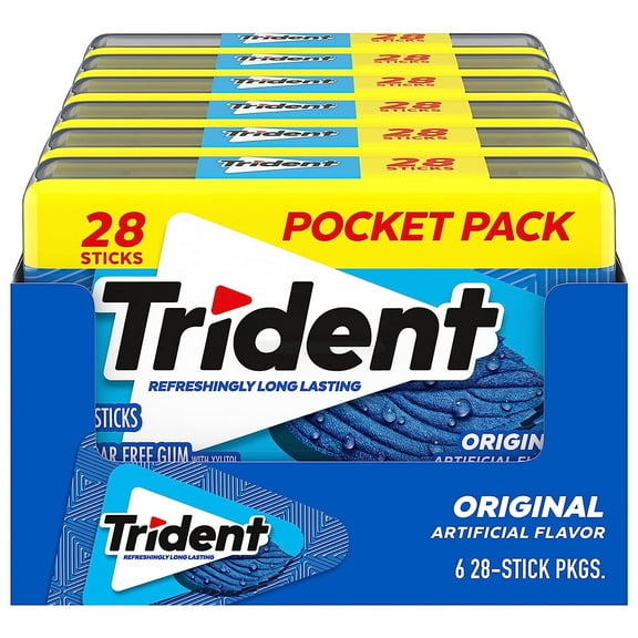 Trident Original Sugar Free Gum, 6 Pocket Packs of 28 Pieces 168 Total Pieces,28 Count Pack of 6