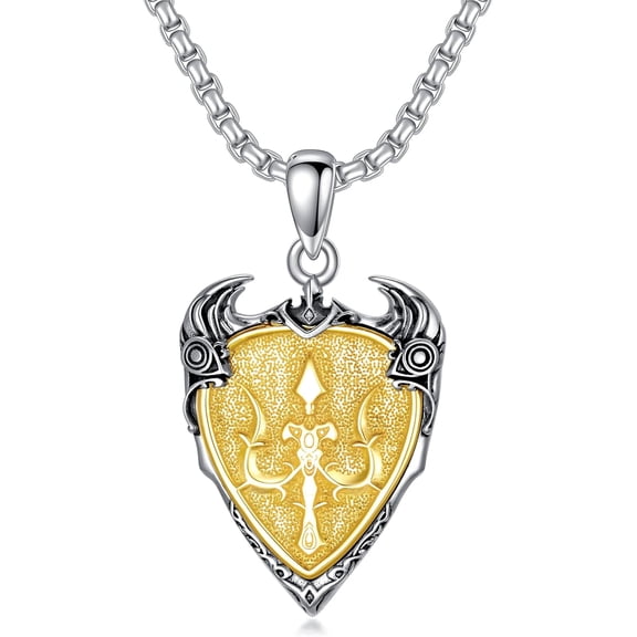Trident Pendant Necklace for Men Women, 925 Sterling Silver Poseidon Trident Necklace Shield Pendant Greek Necklace Neptune Trident Jewelry Ancient Greece Amulet