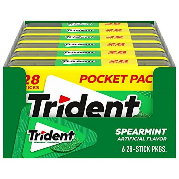 Trident Spearmint Sugar Free Gum, 6 Pocket Packs of 28 Pieces 168 Total Pieces