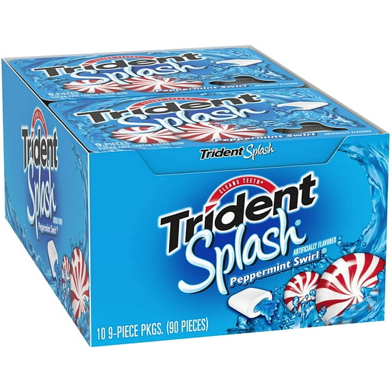 Trident Splash Peppermint Swirl Sugar Free Gum, 10 Packs of 9 Pieces (90 Total Pieces)