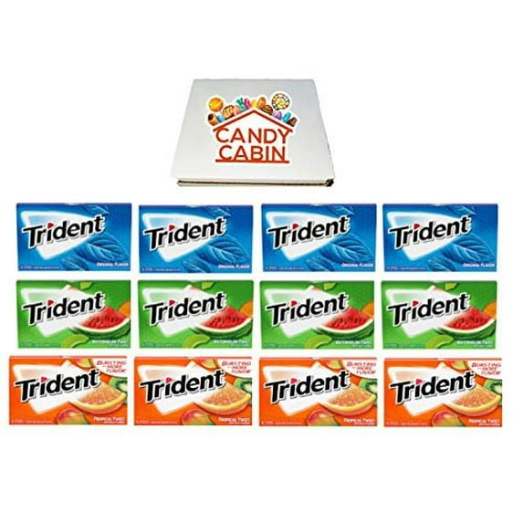 Trident Sugar Free Chewing Gum, Variety Pack of 12 by CANDY CABIN Original - Tropical Twist - Watermelon Twist
