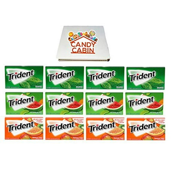 Trident Sugar Free Chewing Gum, Variety Pack of 12 by CANDY CABIN Spearmint - Tropical Twist - Watermelon Twist