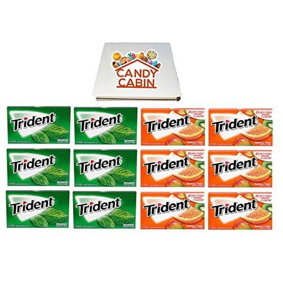 Trident Sugar Free Chewing Gum, Variety Pack of 12 by CANDY CABIN Spearmint - Tropical Twist