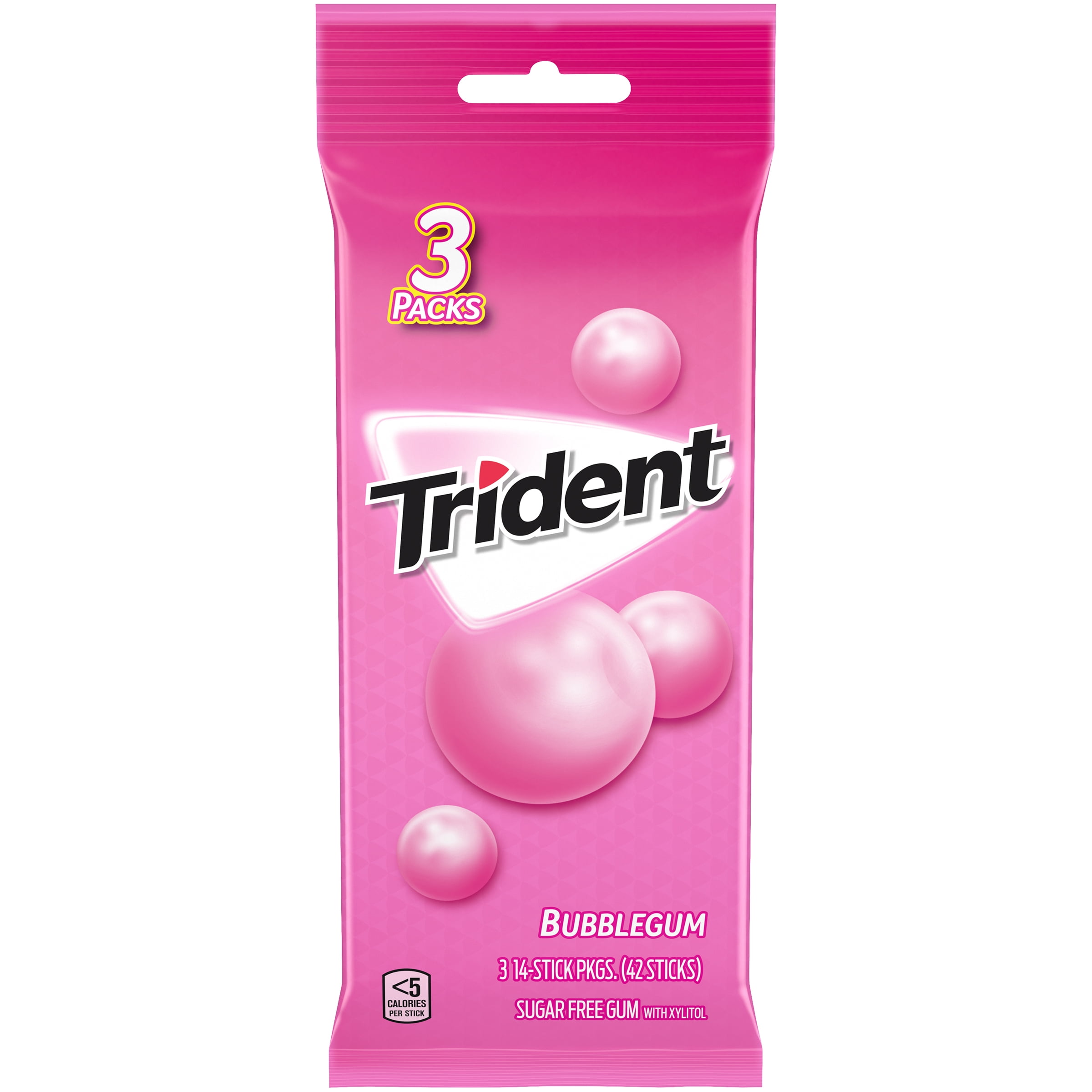 Trident Sugar Free Gum, Bubblegum, 3 Packs of 14 Pieces (42 Total Pieces)