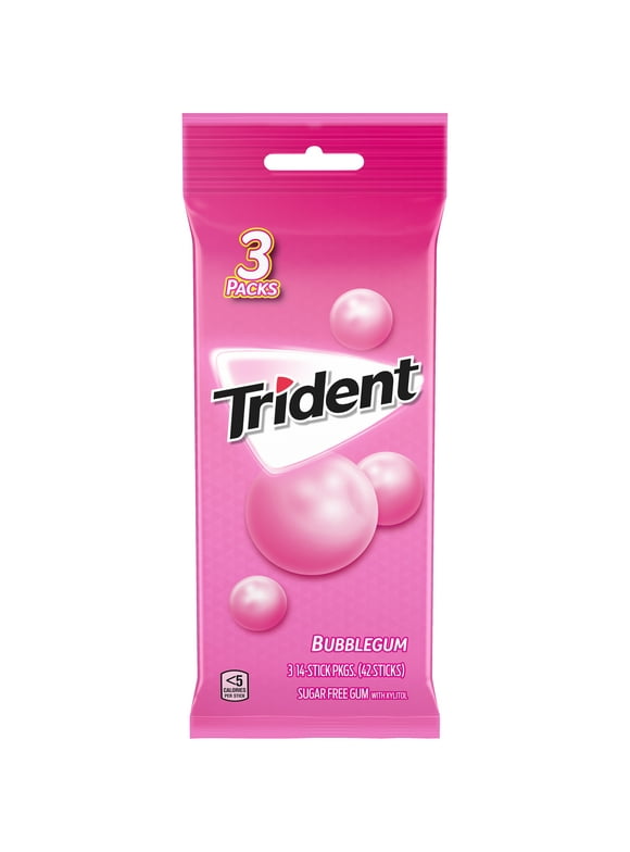 Trident Sugar Free Gum, Bubblegum, 3 Packs of 14 Pieces (42 Total Pieces)