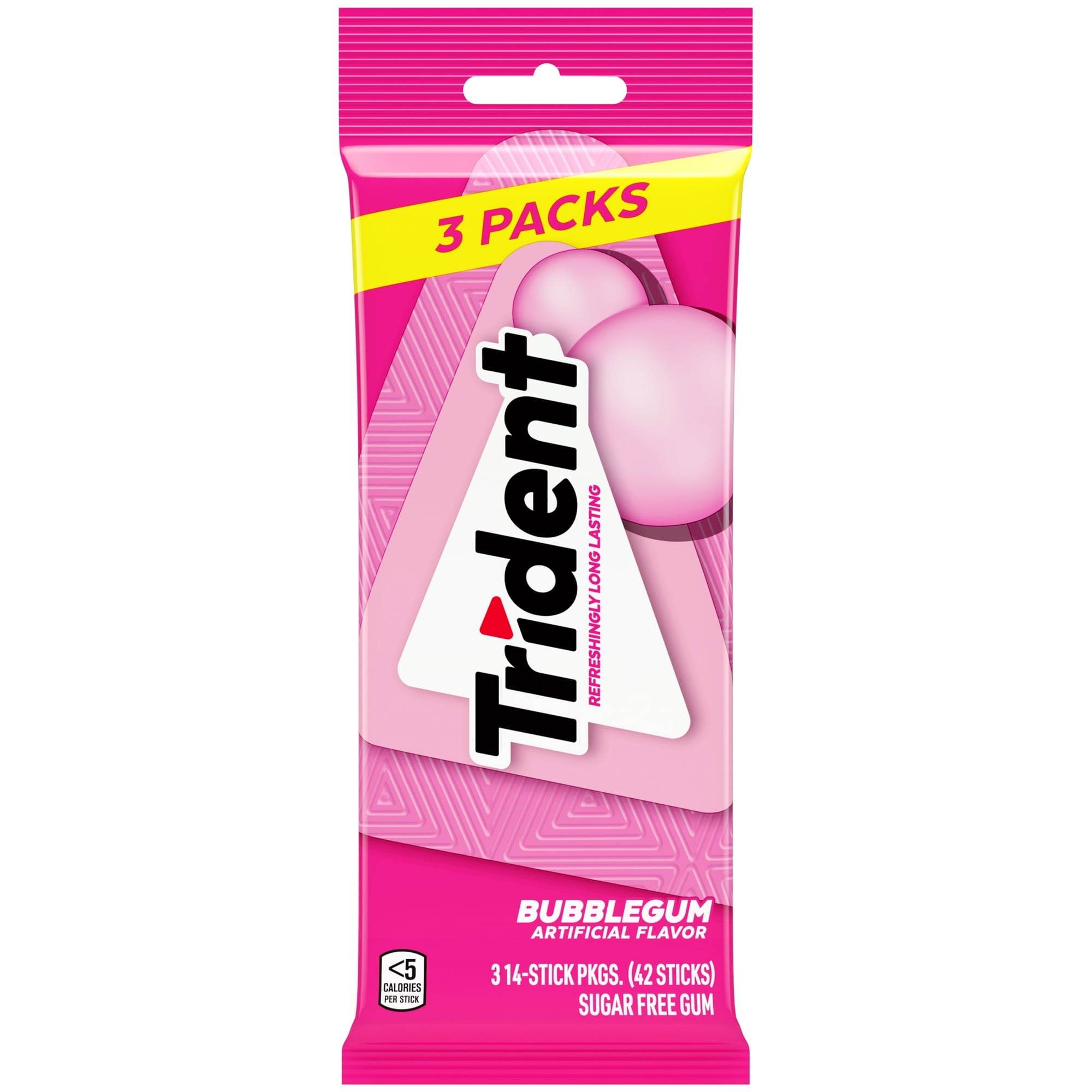 Trident Sugar Free Gum, Bubblegum, 3 Packs of 14 Regular Size Pieces (42 Total Pieces) - 2 Pack of 42 Pieces
