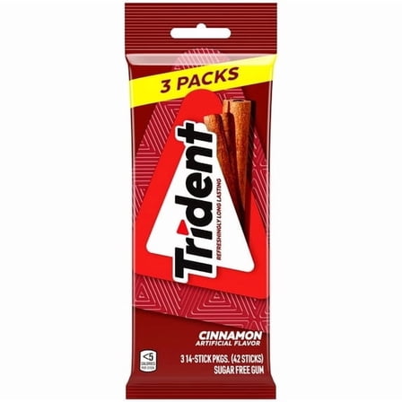 Trident Sugar Free Gum, Cinnamon, 3 Packs of 14 Regular Size Pieces (42 Total Pieces)
