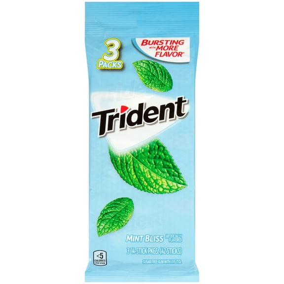 Trident Sugar Free Gum, Mint Bliss, 3 Packs of 14 Regular Size Pieces (42 Total Pieces)