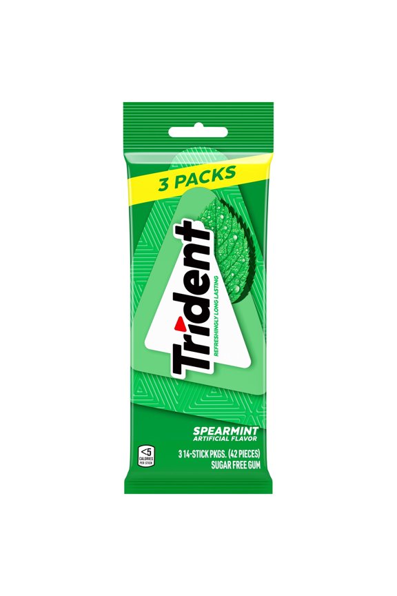 Trident Sugar Free Gum, Spearmint, 3 Packs of 14 Regular Size Pieces (42 Total Pieces) - pack of 2