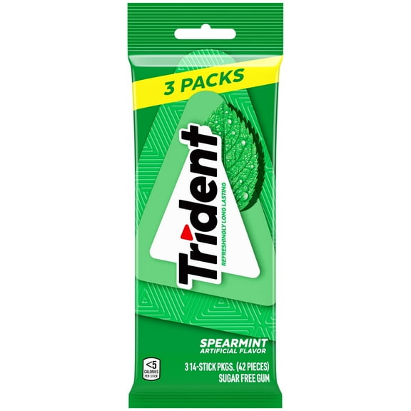 Trident Sugar Free Gum, Spearmint, 3 Packs of 14 Regular Size Pieces (42 Total Pieces) - pack of 4