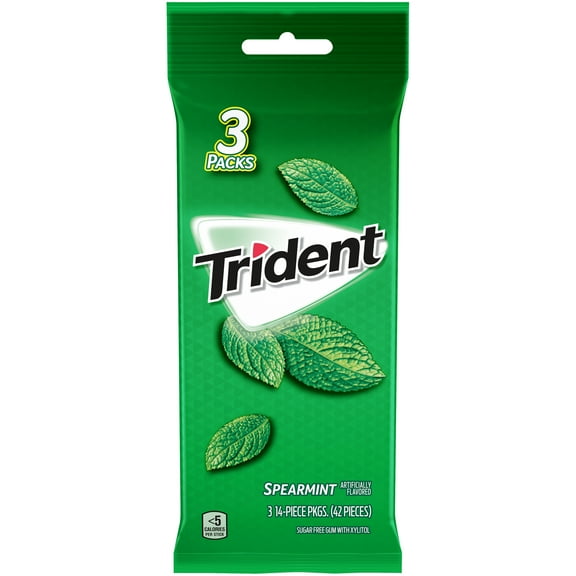 Trident Sugar Free Gum, Spearmint Flavor, 3 Packs (42 Pieces Total)