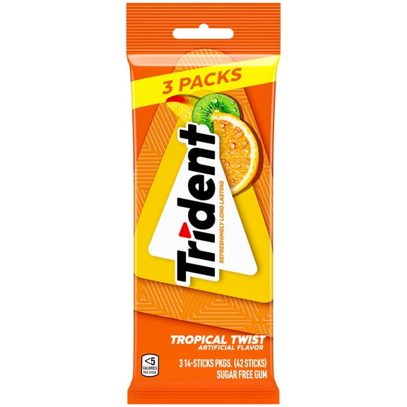 Trident Sugar Free Gum, Tropical Twist, 3 packs of 14 Pieces (42 Total Pieces)