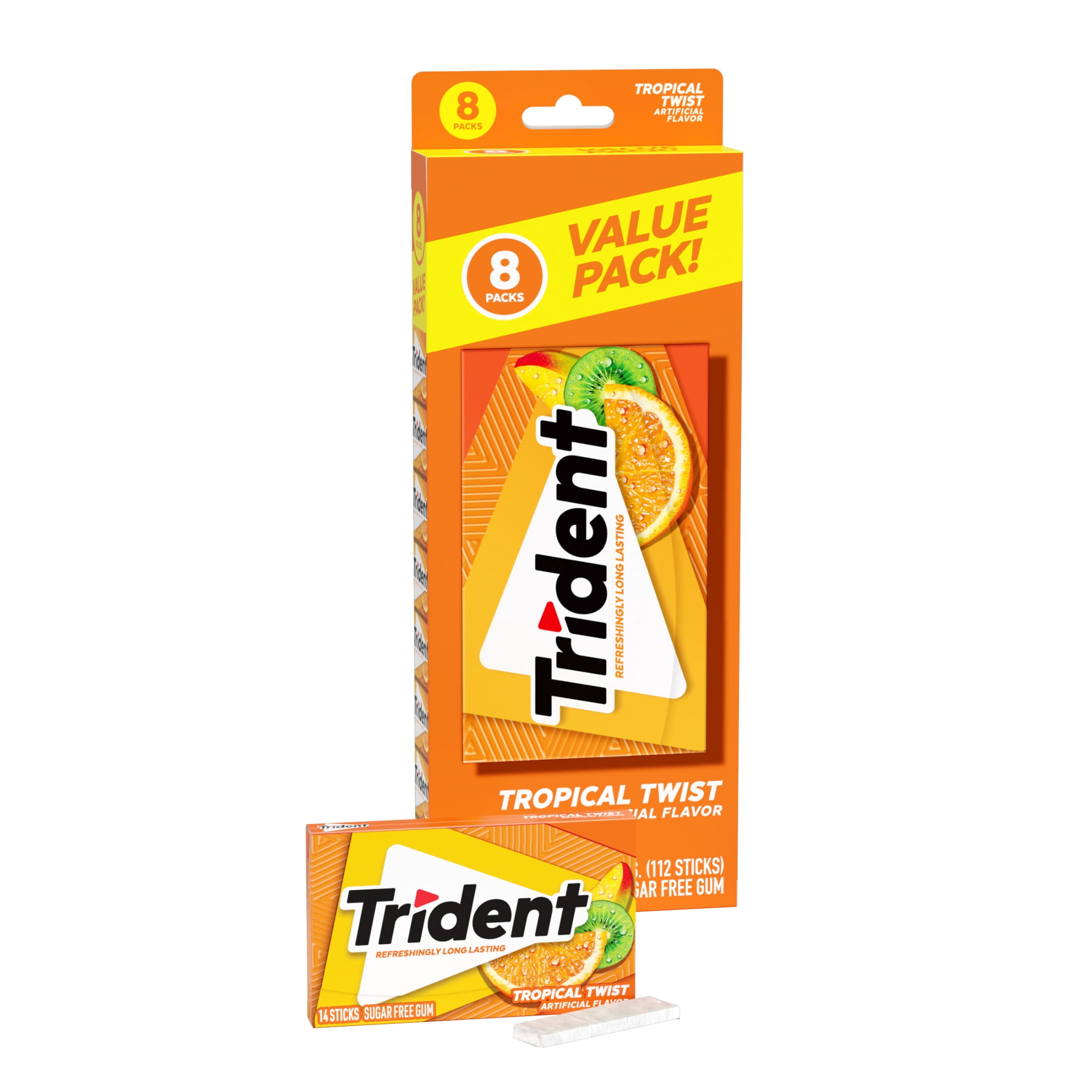Trident Tropical Twist Sugar Free Gum, Value Pack, 8 Packs of 14 Pieces (112 Total Pieces)