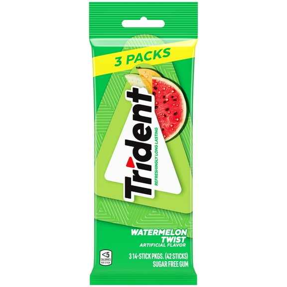 Trident Sugar Free Gum, Watermelon, 3 Packs of 14 Regular Size Pieces (42 Total Pieces)