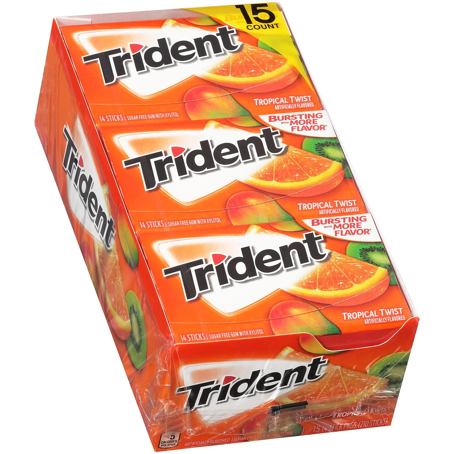Trident Tropical Twist Sugar Free Gum, 15 Packs of 14 Pieces (210 Total Pieces)