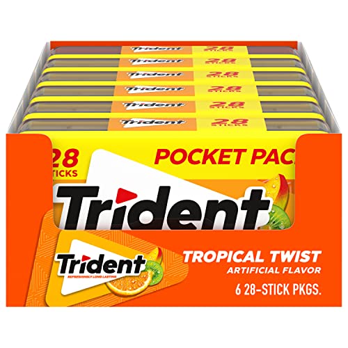 Trident Tropical Twist Sugar Free Gum, 6 Pocket Packs of 28 Pieces (168