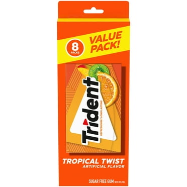 Trident Tropical Twist Sugar Free Gum, Value Pack, 8 Packs of 14 Pieces (112 Regular Size Pieces)
