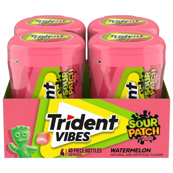 Trident Vibes SOUR PATCH SAF21 KIDS Watermelon Sugar Free Chewing Gum, 4 Bottles of 40 Pieces (160 Total Pieces)