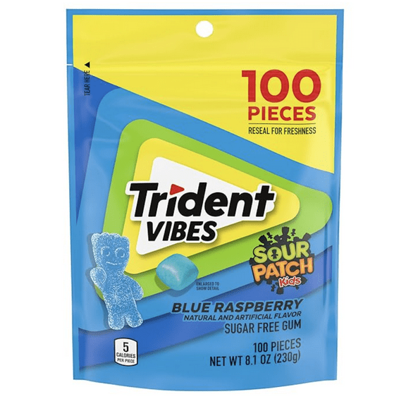 Trident Vibes Sour Patch Kids Sugar Free Blue Raspberry Gum, 1-100 Piece Pouch