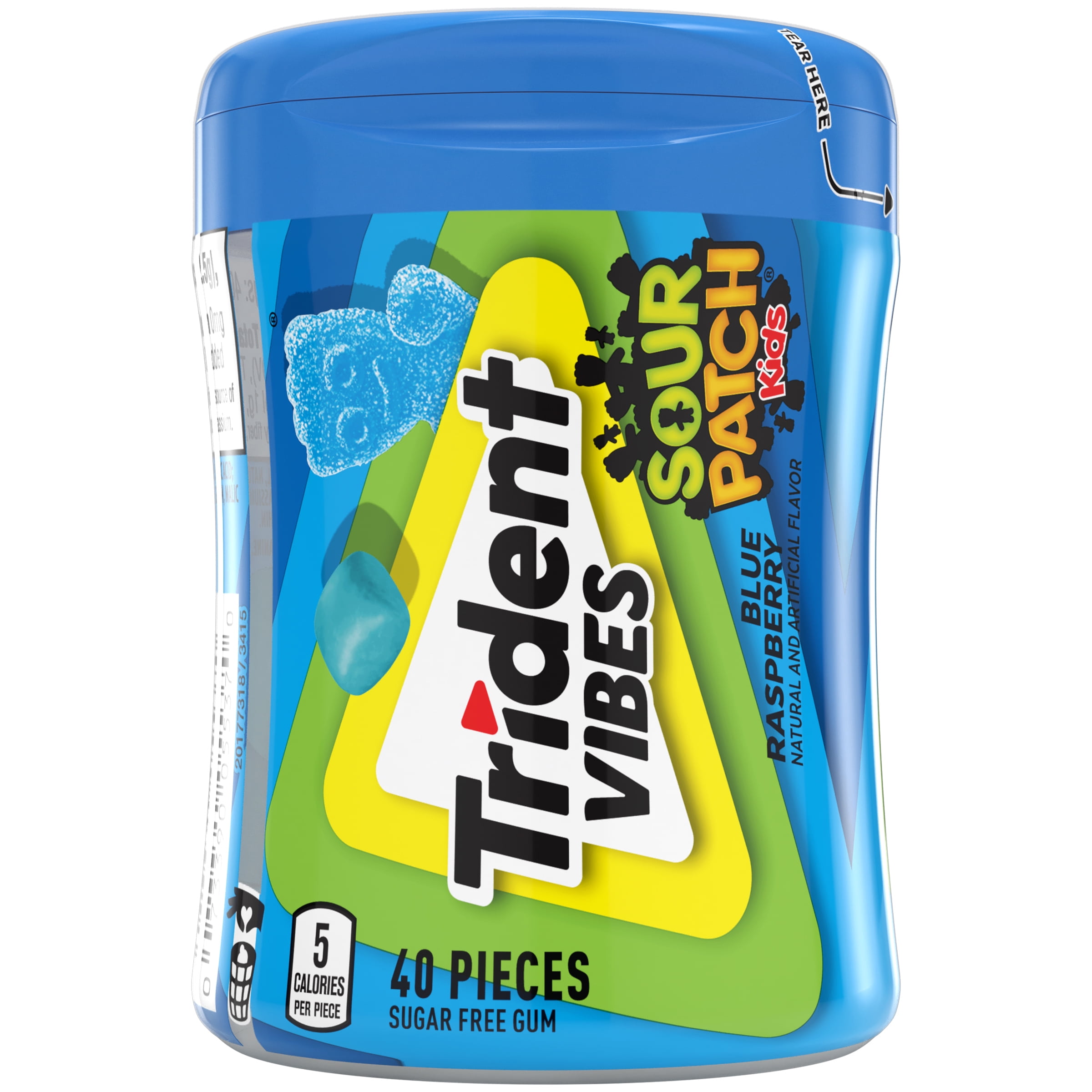 Trident Vibes Sour Patch Kids Sugar Free Gum, Blue Raspberry, Regular Size, 40 Piece Bottle