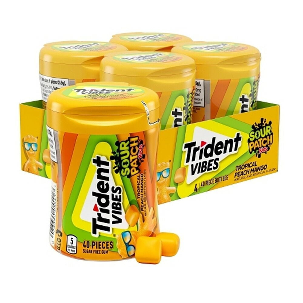 Trident Vibes Sour Patch Kids Sugar Free Gum, Peach Mango, 40 Regular Size Piece Bottle, 4-Pack