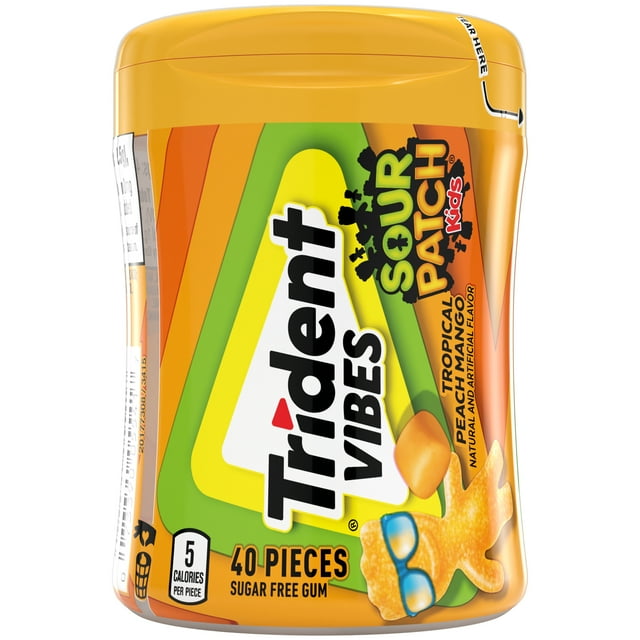 Trident Vibes Sour Patch Kids Sugar Free Gum, Peach Mango, Nut Free, 40 Regular Size Piece Bottle