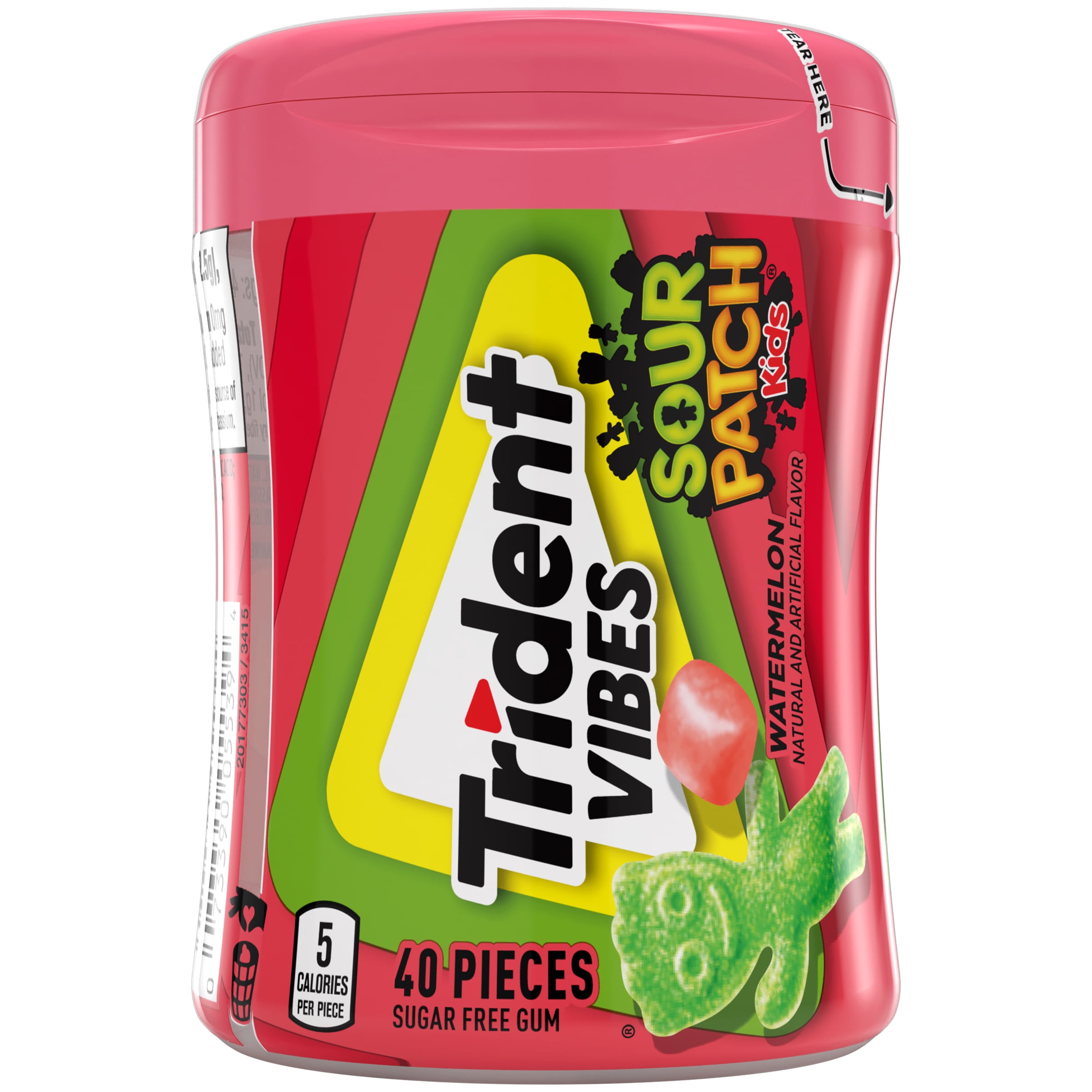 Trident Vibes Sour Patch Kids Sugar Free Gum, Watermelon, Regular Size, 40 Piece Bottle