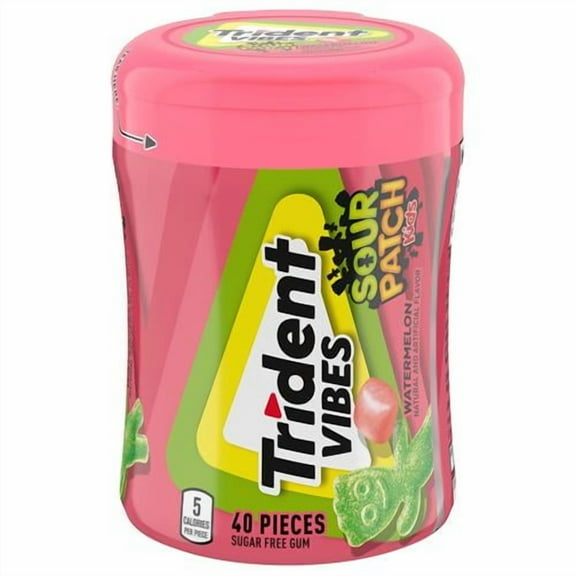 Trident Vibes Sour Patch Kids Watermelon Sugar Free Gum, 40 Piece Bottle - Pack of 2