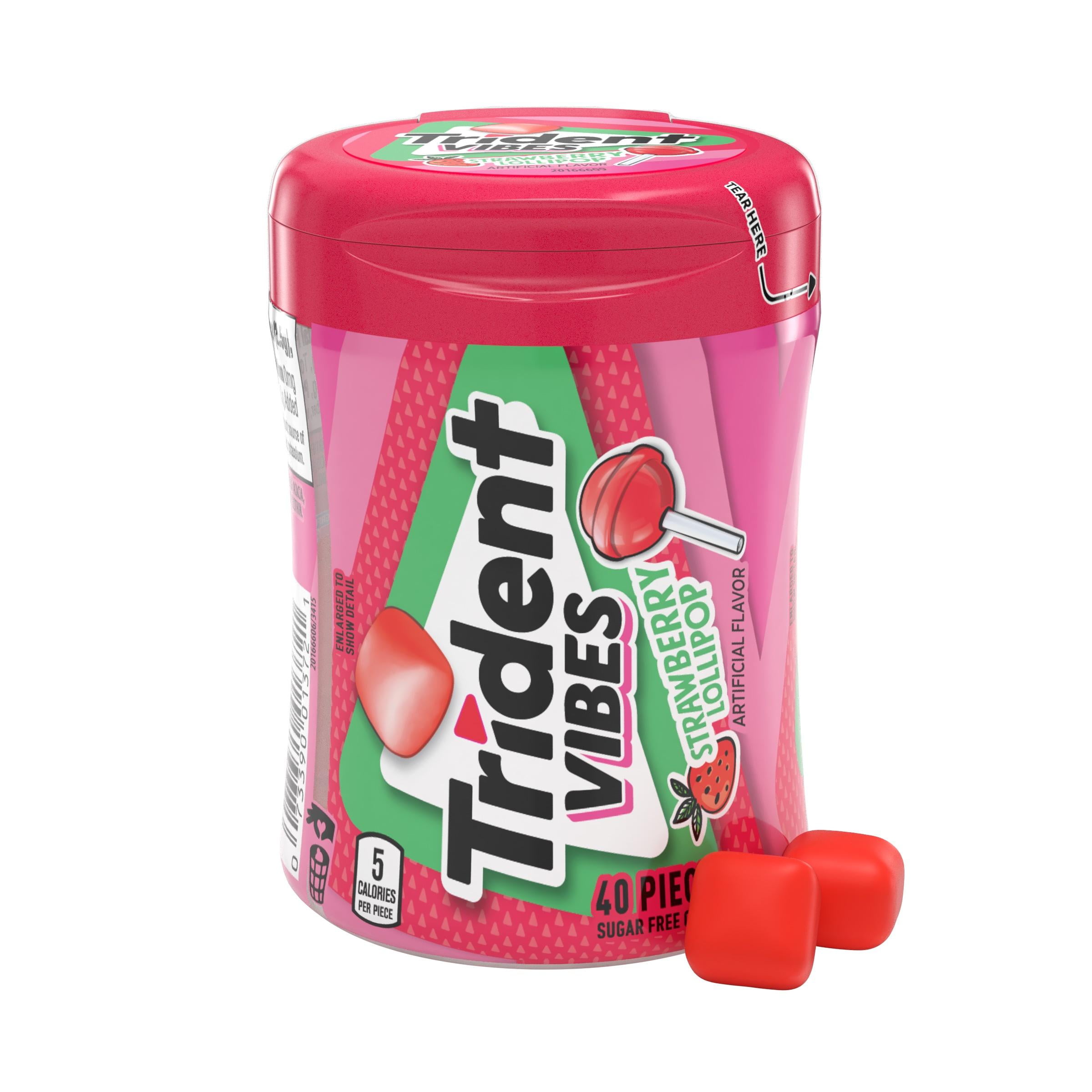 Trident Vibes Sugar Free Gum, Strawberry Lollipop, Nut Free, Regular Size, 40 Piece Bottle