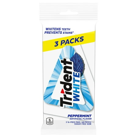 Trident White Sugar Free Gum, Peppermint Flavor, 3 Packs (48 Pieces Total)