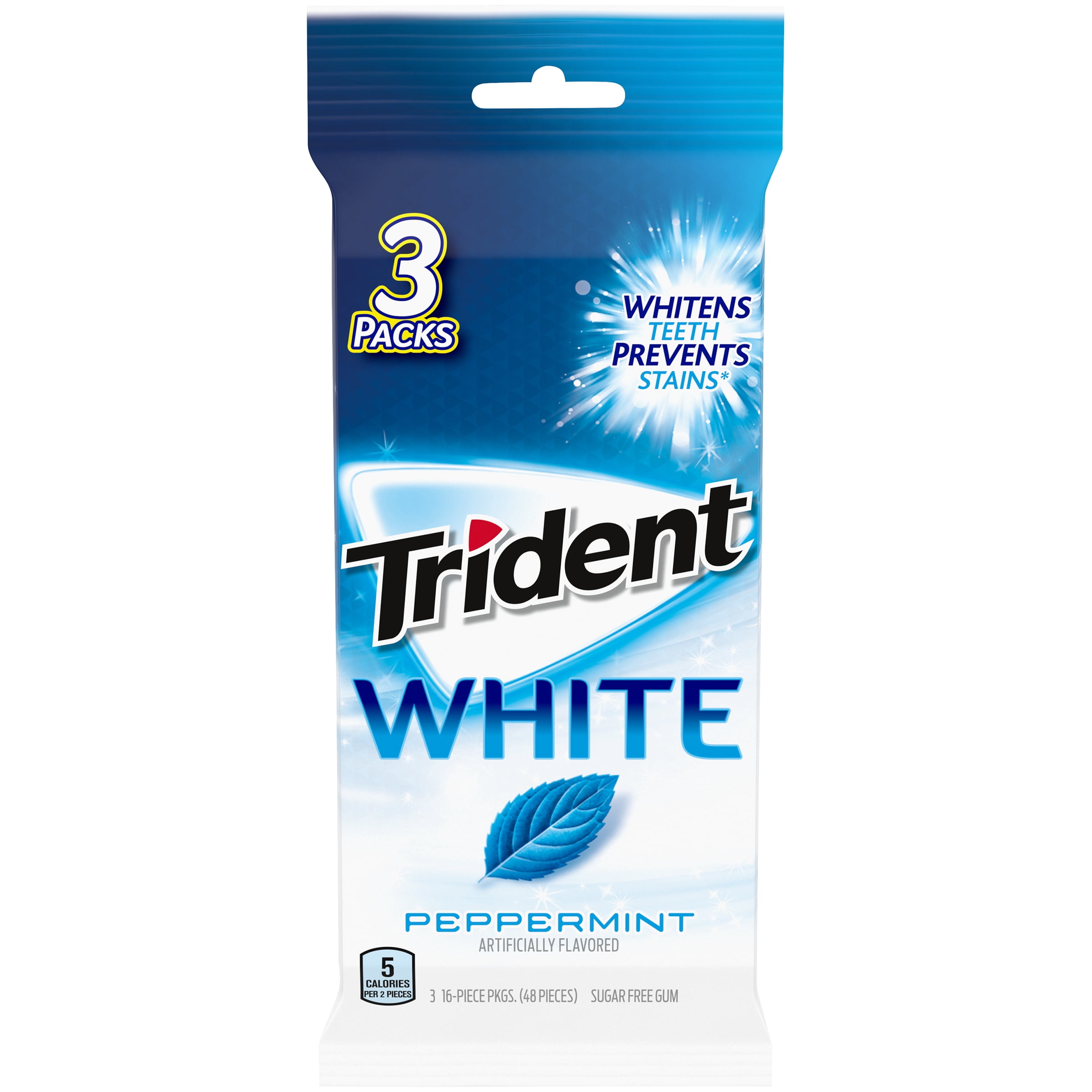 Trident White Sugar Free Gum, Peppermint Flavor, 3 Packs (48 Pieces ...