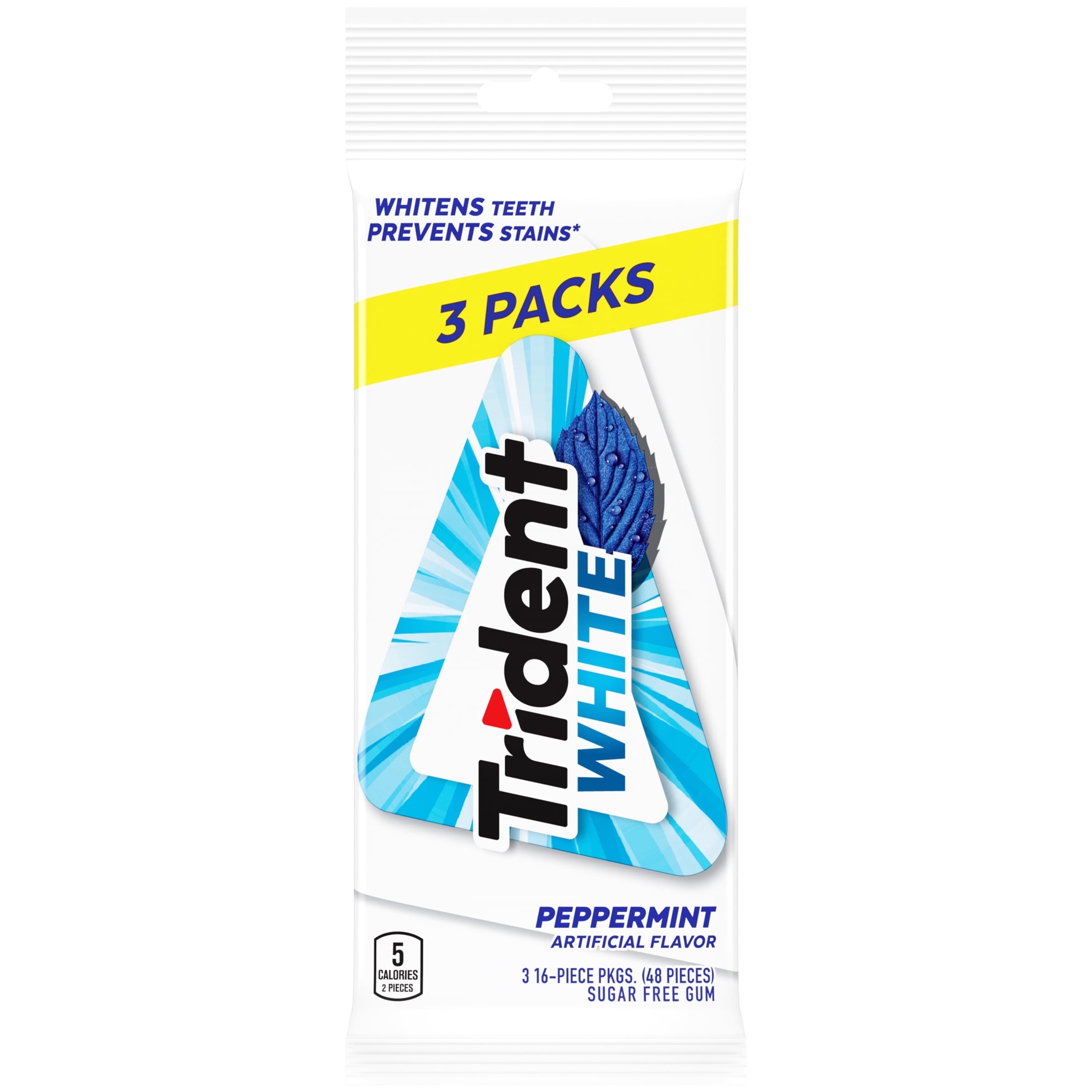 Trident White Sugar Free Gum, Peppermint Flavor, 3 Packs of 16 Pieces (48 Pieces Total) - pack of 4