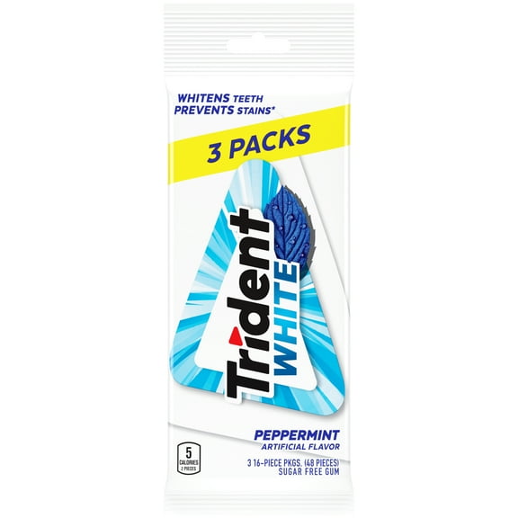 Trident White Sugar Free Gum, Peppermint Flavor, 3 Packs of 16 Pieces (48 Pieces Total)