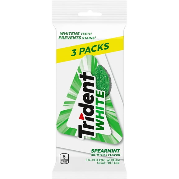 Trident White Sugar Free Gum, Spearmint, 3 Packs of 16 Regular Size Pieces (48 Total Pieces)