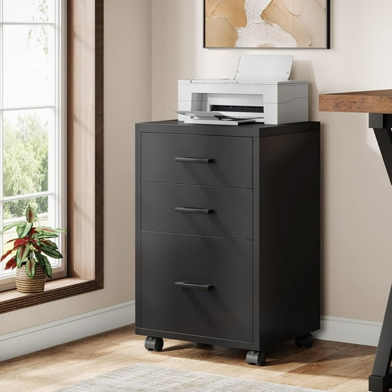 Triebsigns 3 Drawer Rolling File Cabinet, Modern Wooden Office Filing Cabine for Home Office Under Desk (Black)