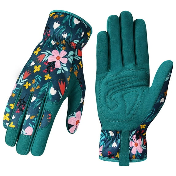 Trifabricy Garden Gloves for Women - Breathable leather Floral Gardening Gloves with Grip, Thorn-Proof Puncture-Resistant Work Gloves for Weeding, Digging, Planting, Raking and Pruning, Green Flower
