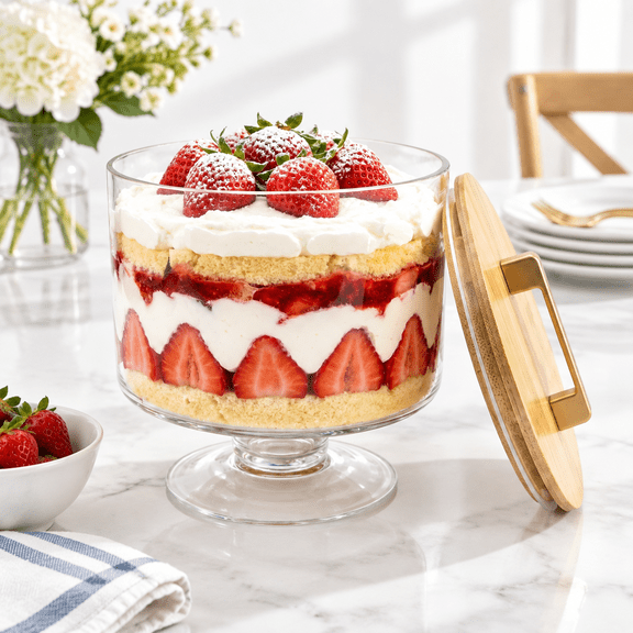 Trifle Bowl with Pedestal and Lid, 70oz, Clear Glass with Wooden Handle