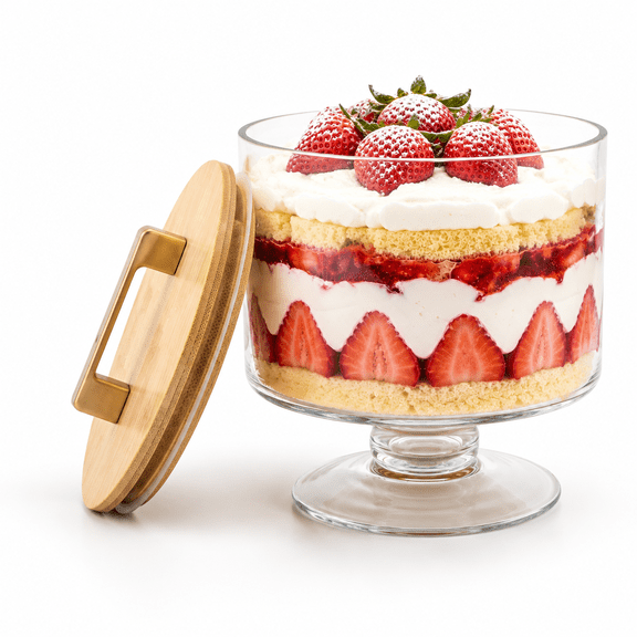 Trifle Bowl with Pedestal and Lid, 70oz, Clear Glass with Wooden Handle