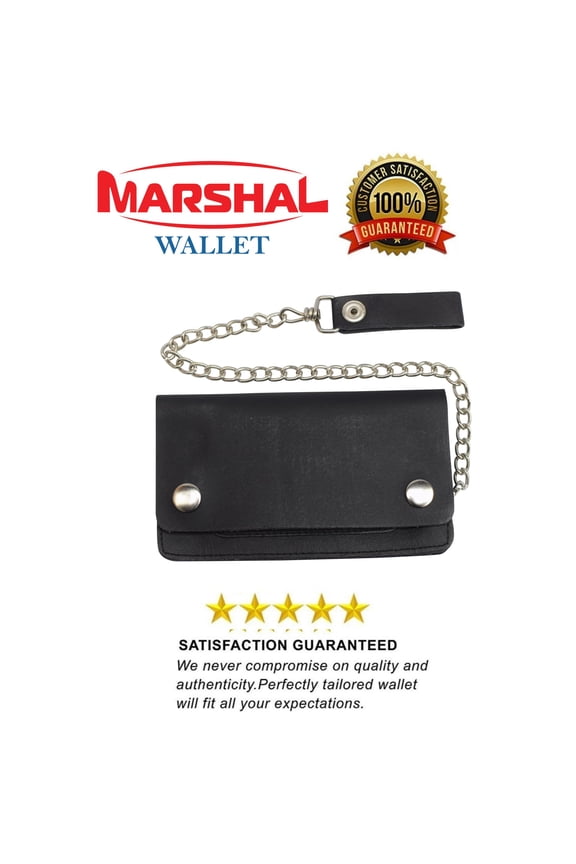 Trifold Biker's Large Wallet ID Card Holder With Chain Genuine Leather