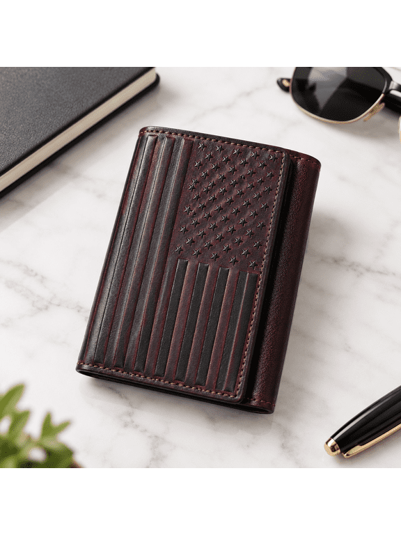 Trifold Leather Wallet For Men Rfid Blocking - Mens With 12 Card Slots Giftn Flag Red