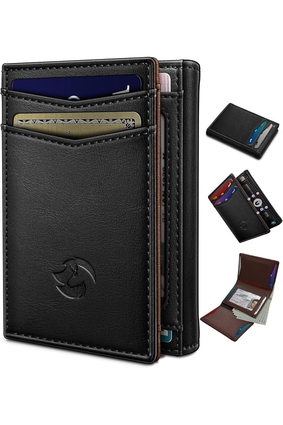 Trifold Leather Wallet for Men,with  Pocket 2 ID Window 14-16 Cards  Closure Slim Wallet 4.0"*3.1", RFID Blocking Front Pocket Wallet with  Box