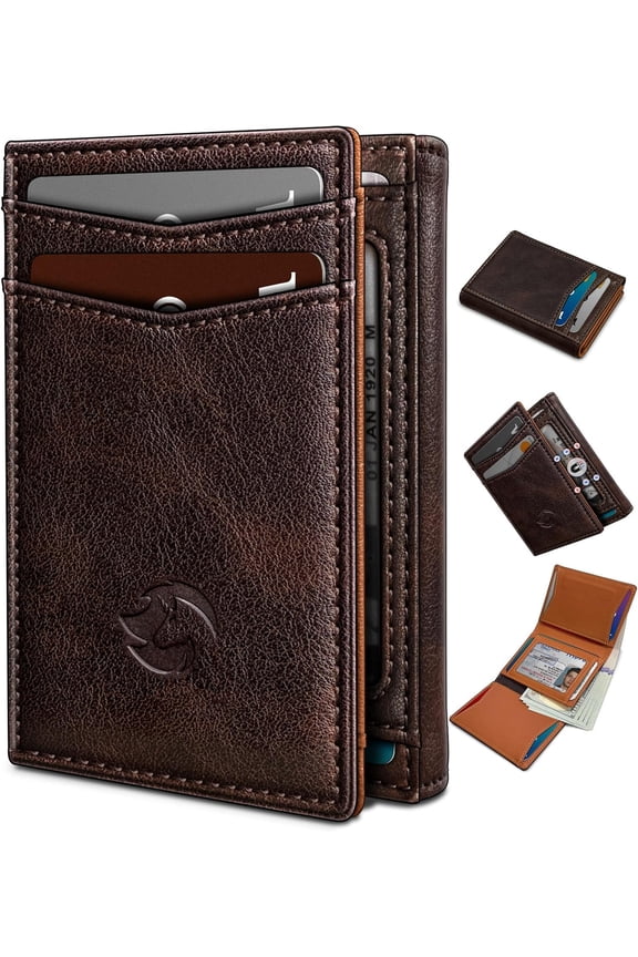 Trifold Leather Wallet for Men,with  Pocket 2 ID Window 14-16 Cards  Closure Slim Wallet 4.0"*3.1", RFID Blocking Front Pocket Wallet with  Box
