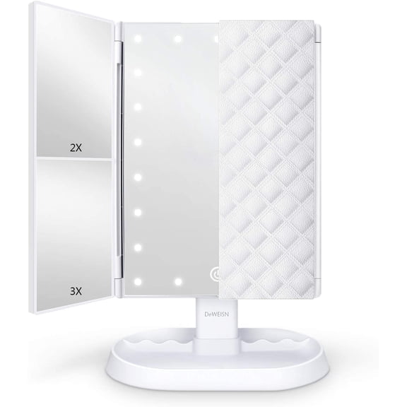 Trifold Lighted Vanity Makeup Mirror with 21 LEDs Lights,1x/2x/3x Magnification and Touch Screen Dimming,Two Power Supplies Makeup Mirror, Gift for Women