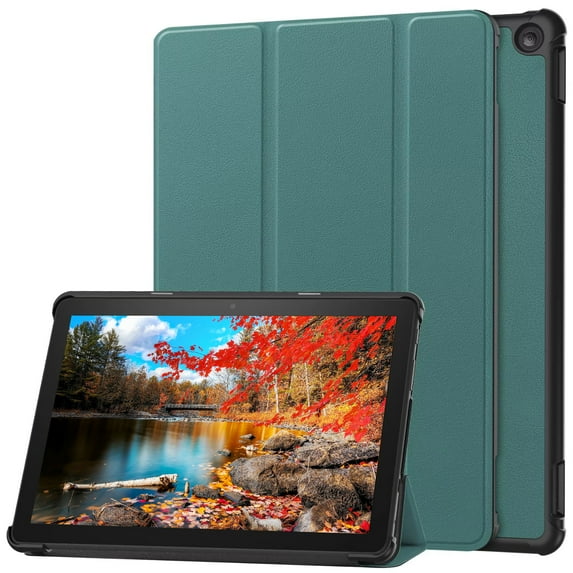 Trifold Stand Cover Case for All-New Amazon Fire HD 10 Tablet PU Leather Folding Stand Folio Cover Shockproof Ultra Slim Shell Cover with Auto Wake/Sleep for 10.1 Inch (Dark Green)