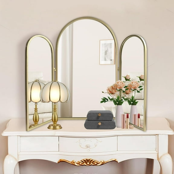 Trifold Vanity Mirrors 3 Way, 30 x 37in Adjustable Vanity Mirrors for Bathroom, Bedroom, Champaign Golden Arch Mirrors Wall Mounted Decoration, Braiding Hair, Makeup 360 Way