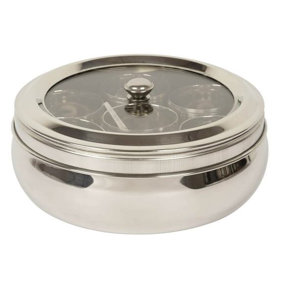 Trifri Indian Masala Box Stainless Steel Masala Dabba W/ Transparent Lid Hand Crafted 7 Spice Containers & Spoons For Chefs, Home Kitchen