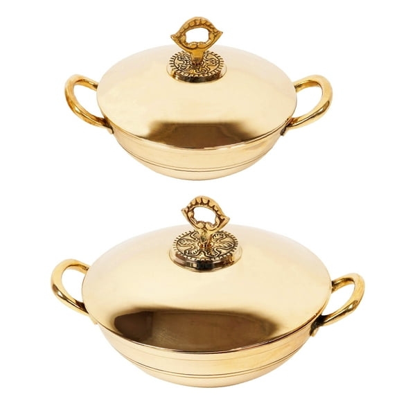 Trifri Indian Traditional Serving KadaiWith HandleAuthentic Dinnerware Tableware Utensil Set Of 2 Brass ServingKarahi