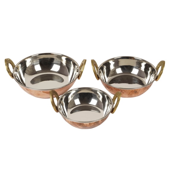 Trifri Stainless Steel CopperKadaiW/ Handle Authentic Indian Serving Bowl Hammered Design Set Of 3 Vegetable Dinner Serving Bowl Karahi (450ml, 800ml, 1250ml)