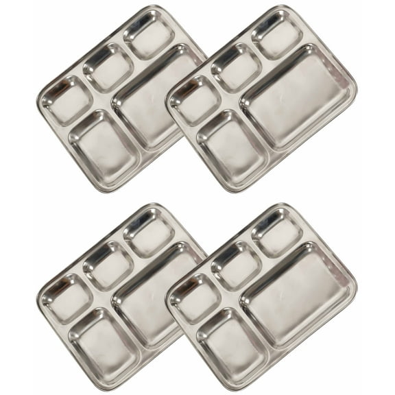 Trifri Stainless Steel Dinner Plate Heavy Weight Indian Dinner Thali 5 Compartment Plate Thali For Camping, Picnics- School Portion Control Dinner Tray Set Of 4